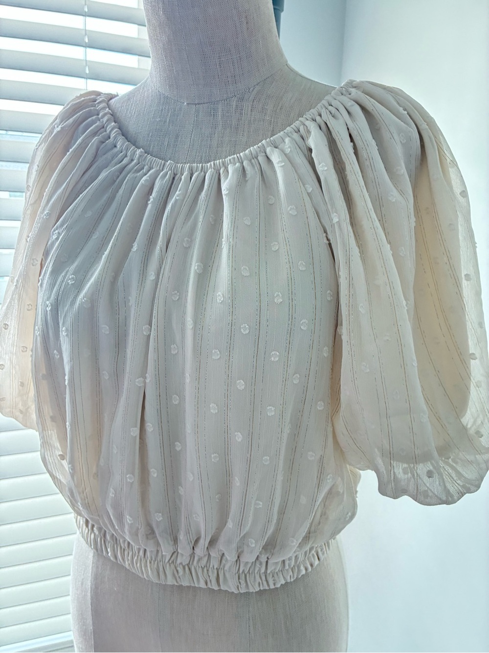By The River Women's Ivory Swiss Dot Puff Sleeve Blouse - Picture 2 of 11